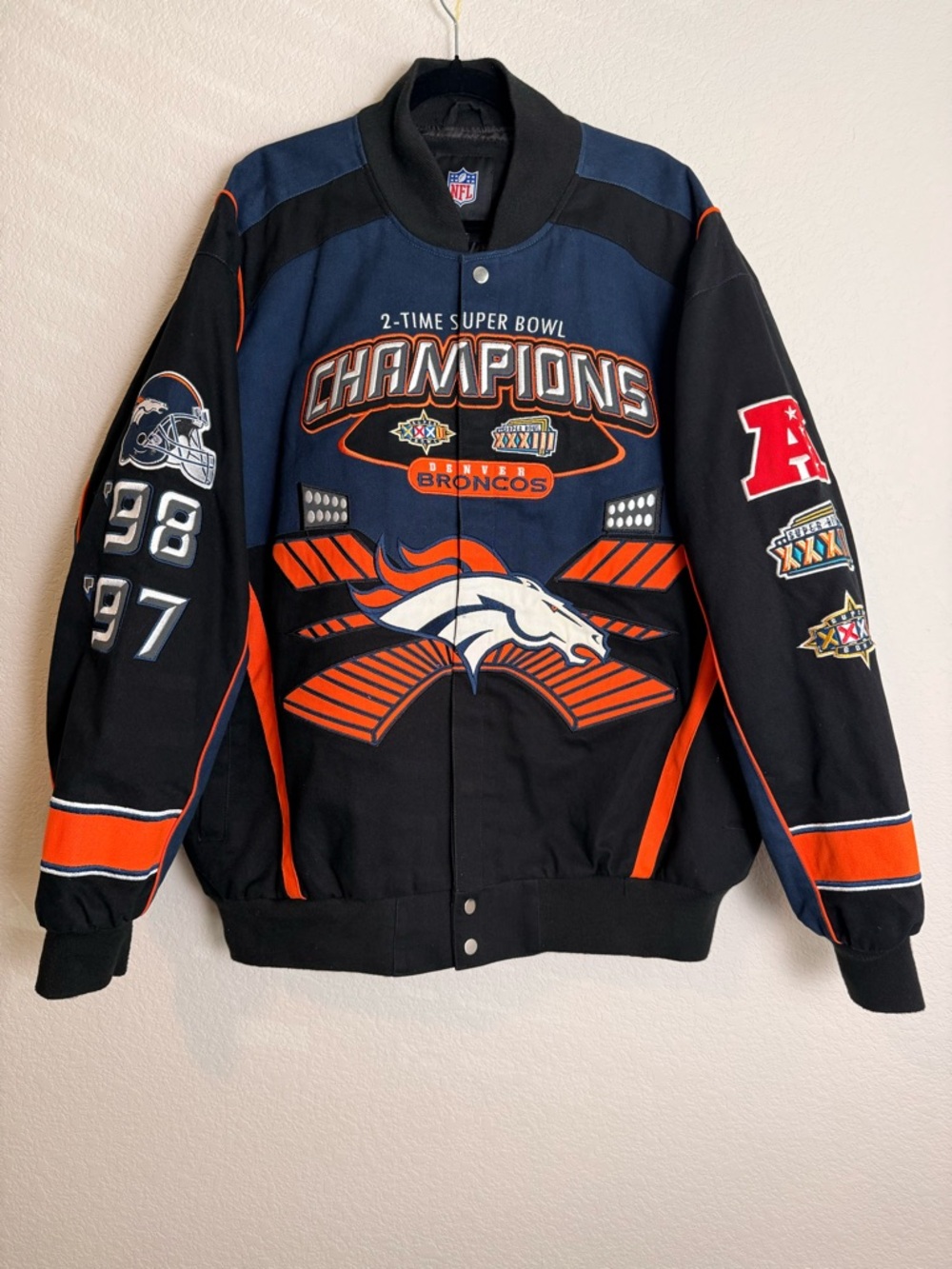 NFL Denver Broncos Black Navy and Orange Champions Bomber Jacket